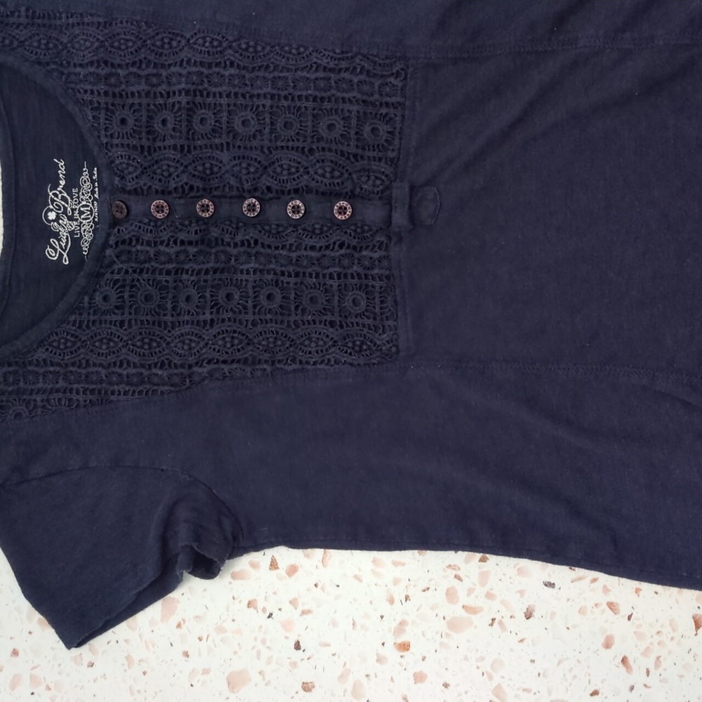 Lucky Brand | Navy T-Shirt with Henley Button Heavy Lace Bodice | M